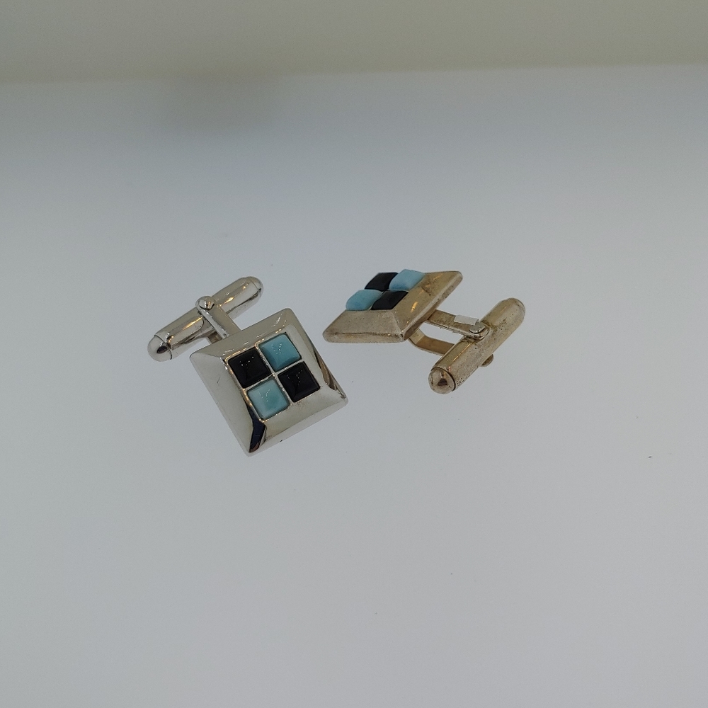 Steling Silver. Larimar and Onix Men Cuff Links